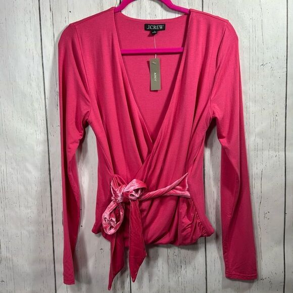 J. Crew Tops - J.Crew Pink Long Sleeve Faux Wrap Top with Velvet Tie NWT Size M